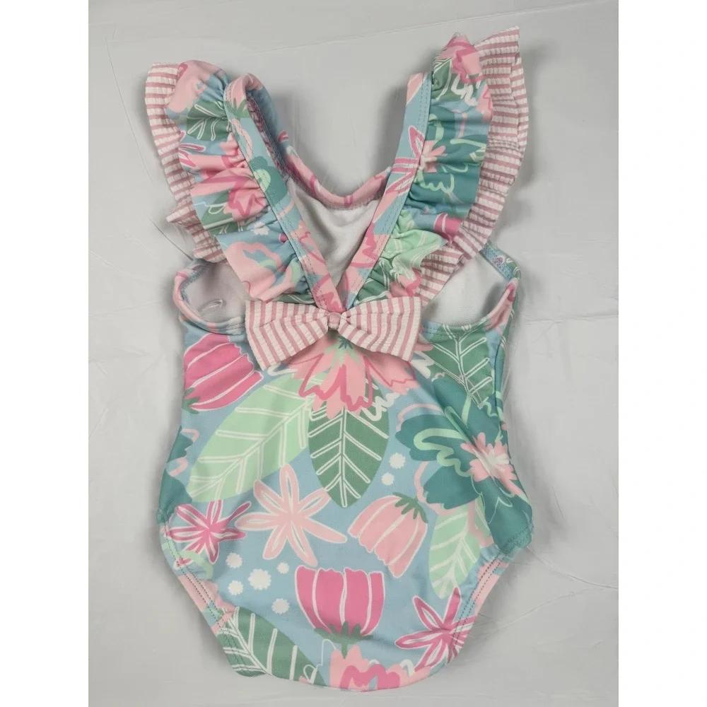 RuffleButts‎ Baby Girls Floral Ruffle One Piece Swimsuit Pink Teal 3-6 Months